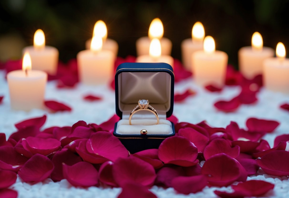 A ring box placed on a bed of rose petals, surrounded by candlelight