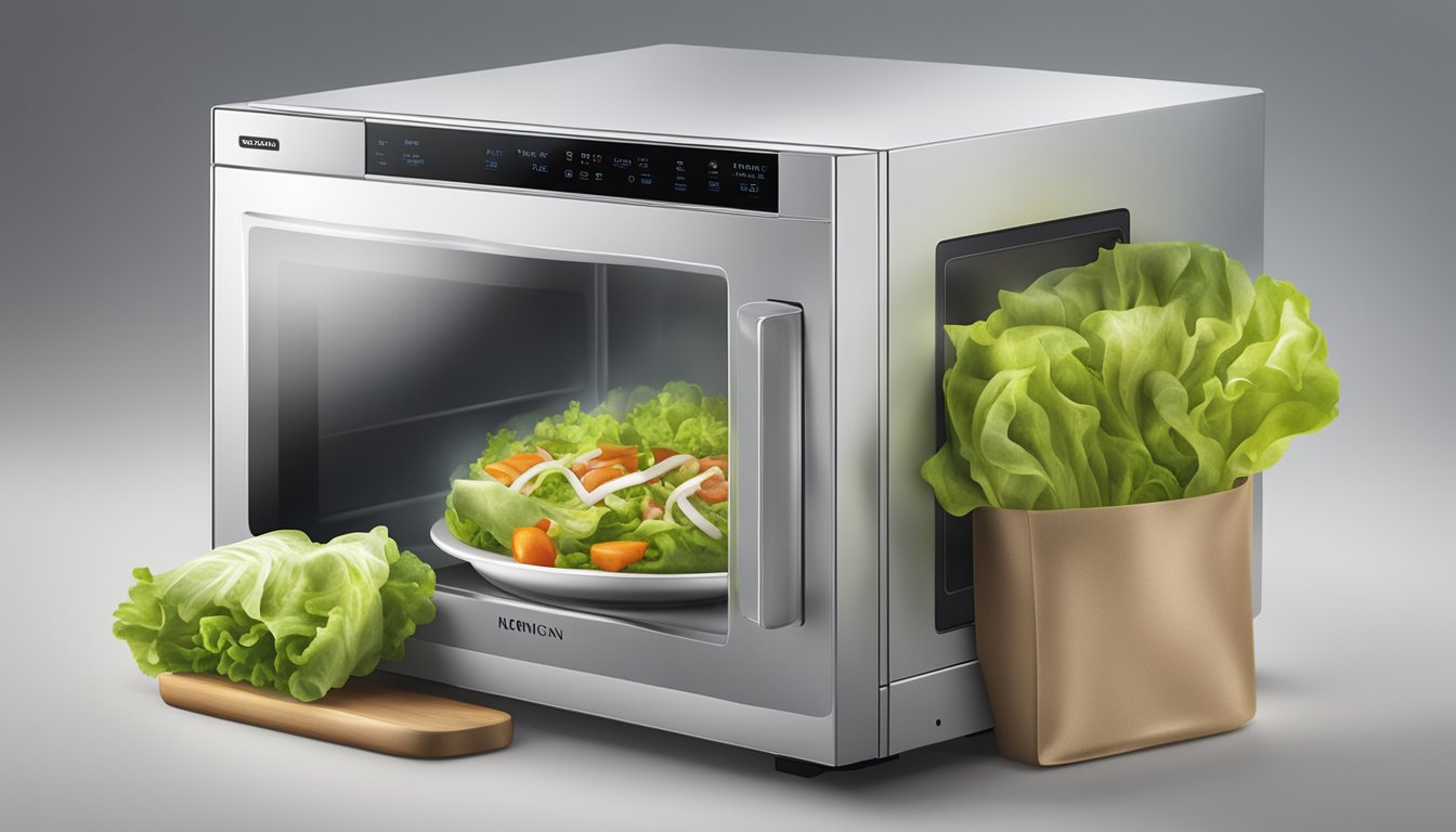 A microwave with a plate of lettuce wraps inside, steam rising