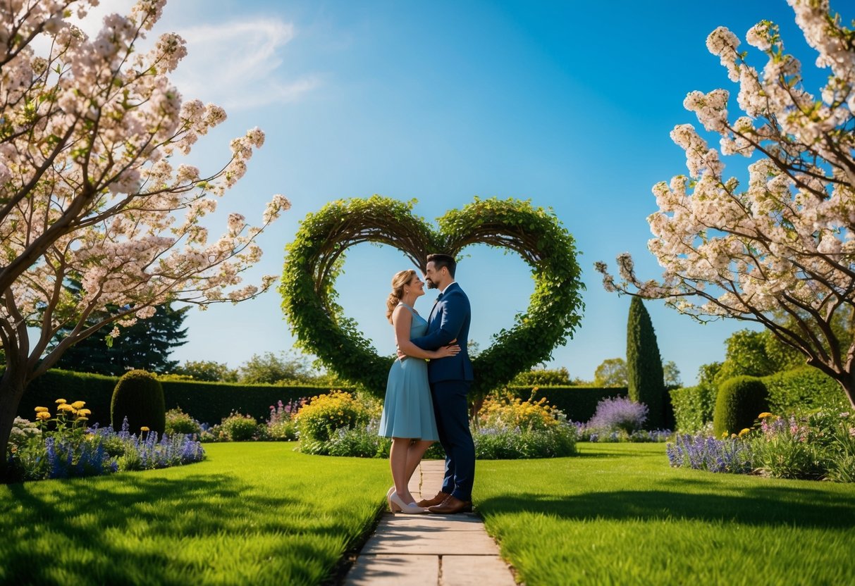 A blooming garden with two intertwining trees and a clear blue sky, symbolizing the unity and growth of a couple's relationship
