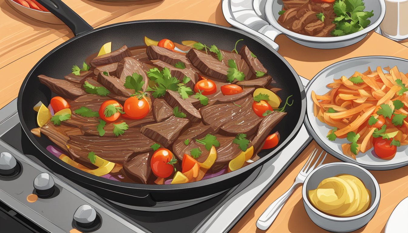 A steaming plate of lomo saltado sits on a stovetop, surrounded by sizzling onions, tomatoes, and tender strips of beef, as the heat from the stove warms the dish to perfection