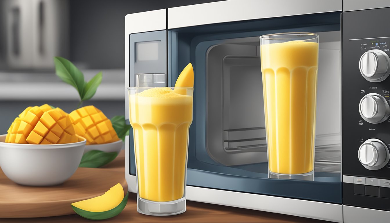 A glass of mango lassi being gently warmed in a microwave