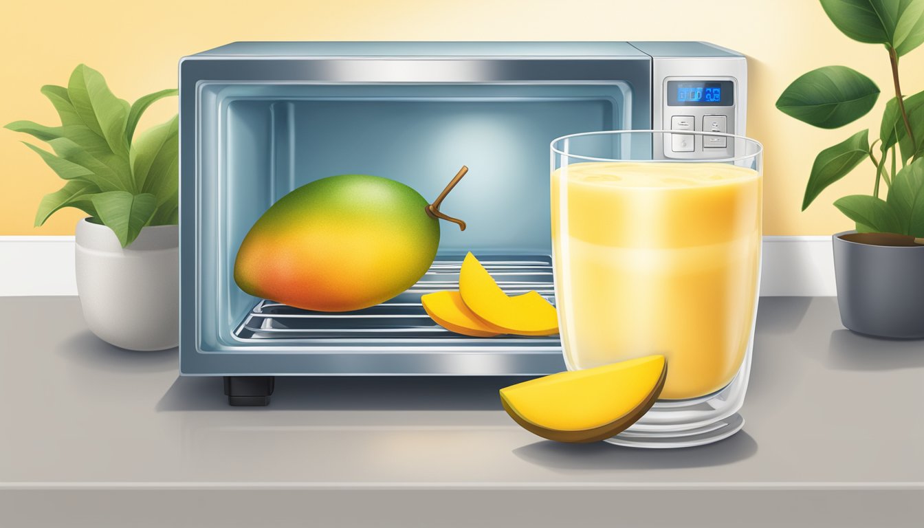 A glass of mango lassi being gently reheated in a microwave