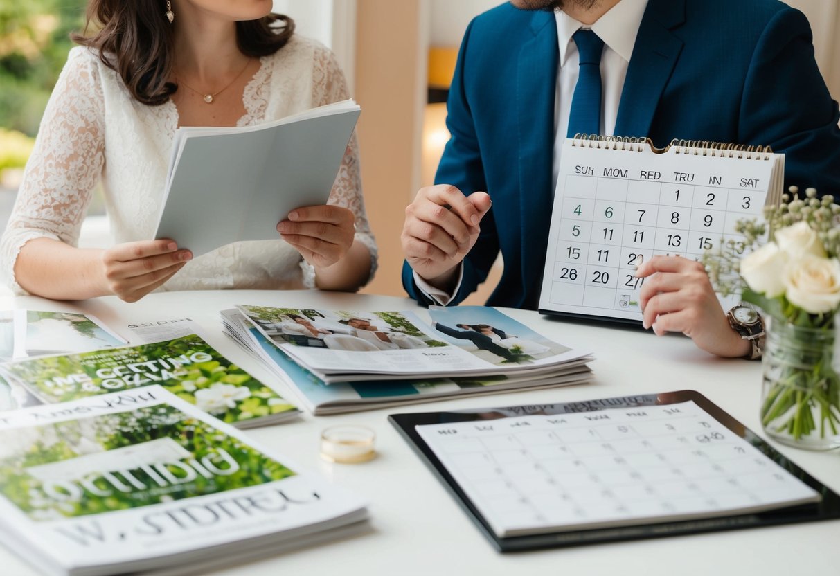 A couple sits at a table, surrounded by wedding magazines and a calendar. They discuss and debate the idea of getting married in three months