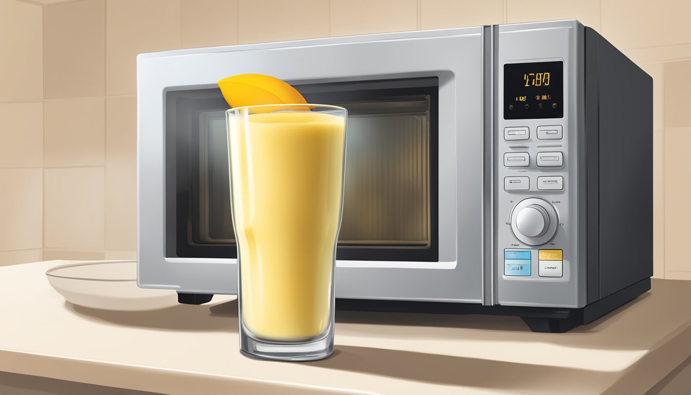 A glass of mango lassi being gently reheated in a microwave