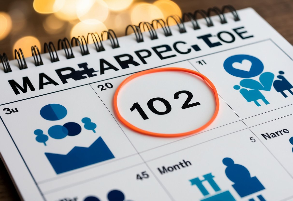 A calendar with a date three months in the future circled, surrounded by symbols representing different cultural and personal perspectives on marriage