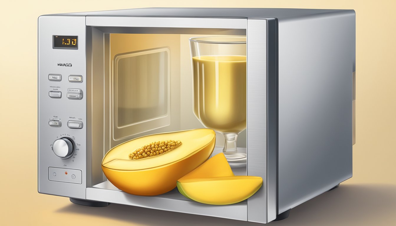 A glass of mango lassi being gently reheated in a microwave