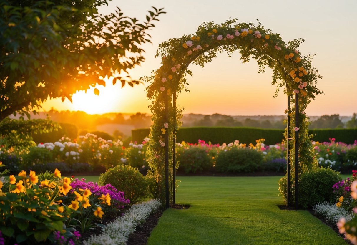 A golden sun setting behind a lush garden with colorful flowers and a romantic archway, casting a warm glow over the scene