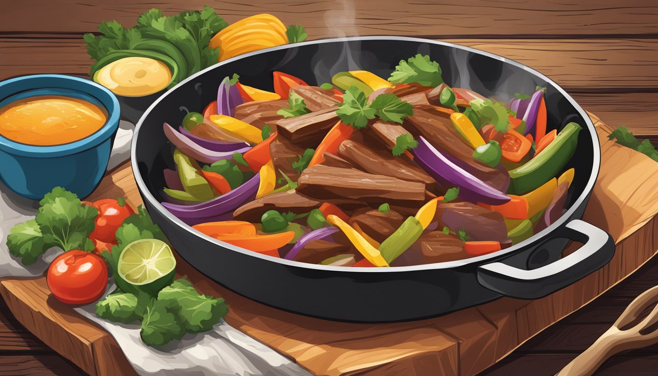 A steaming plate of lomo saltado sits on a rustic wooden table, surrounded by colorful vegetables and a sizzling hot skillet