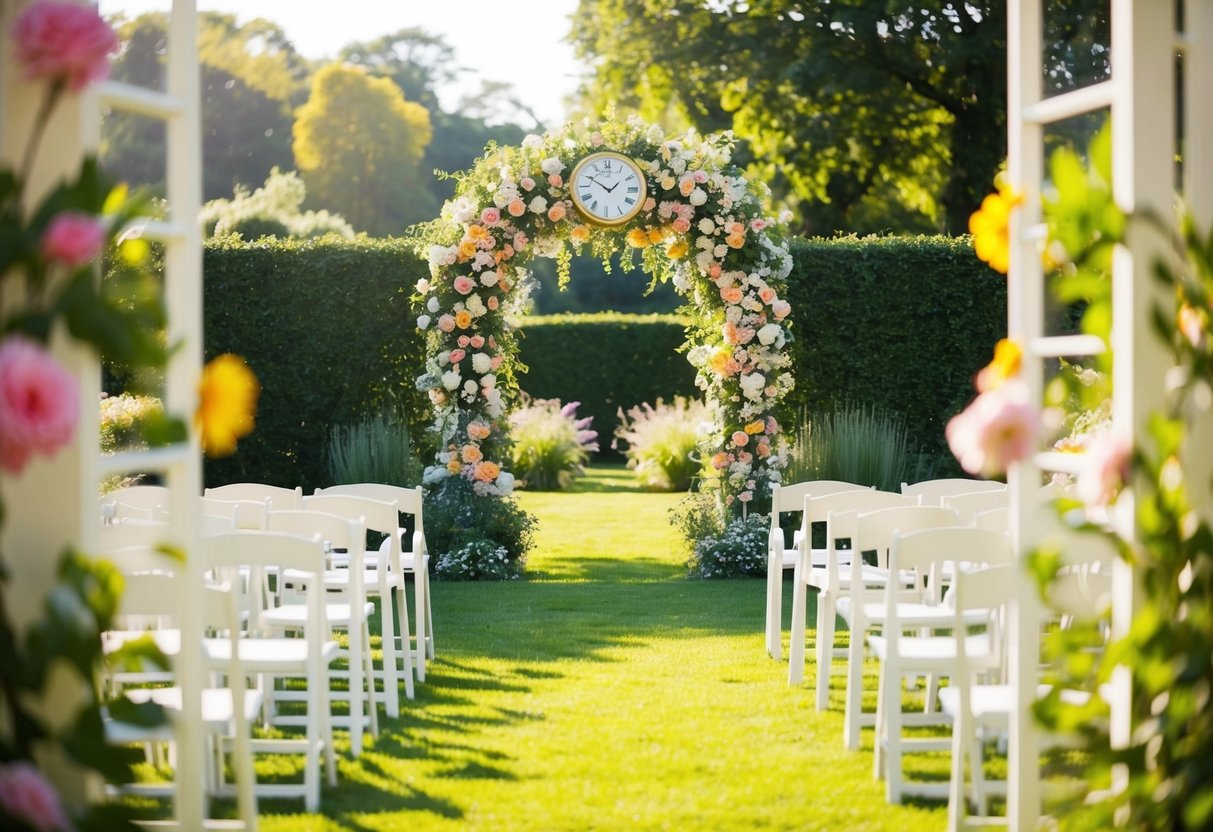 A sunlit garden with a floral arch, rows of chairs, and a clock showing 4pm