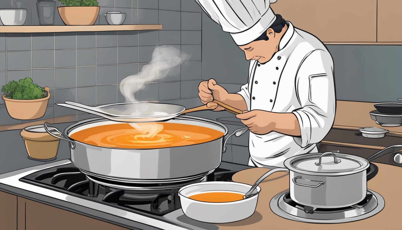 A chef carefully reheats lobster bisque in a stainless steel pot over a gas stove, stirring gently with a wooden spoon. The creamy soup simmers, releasing a rich aroma