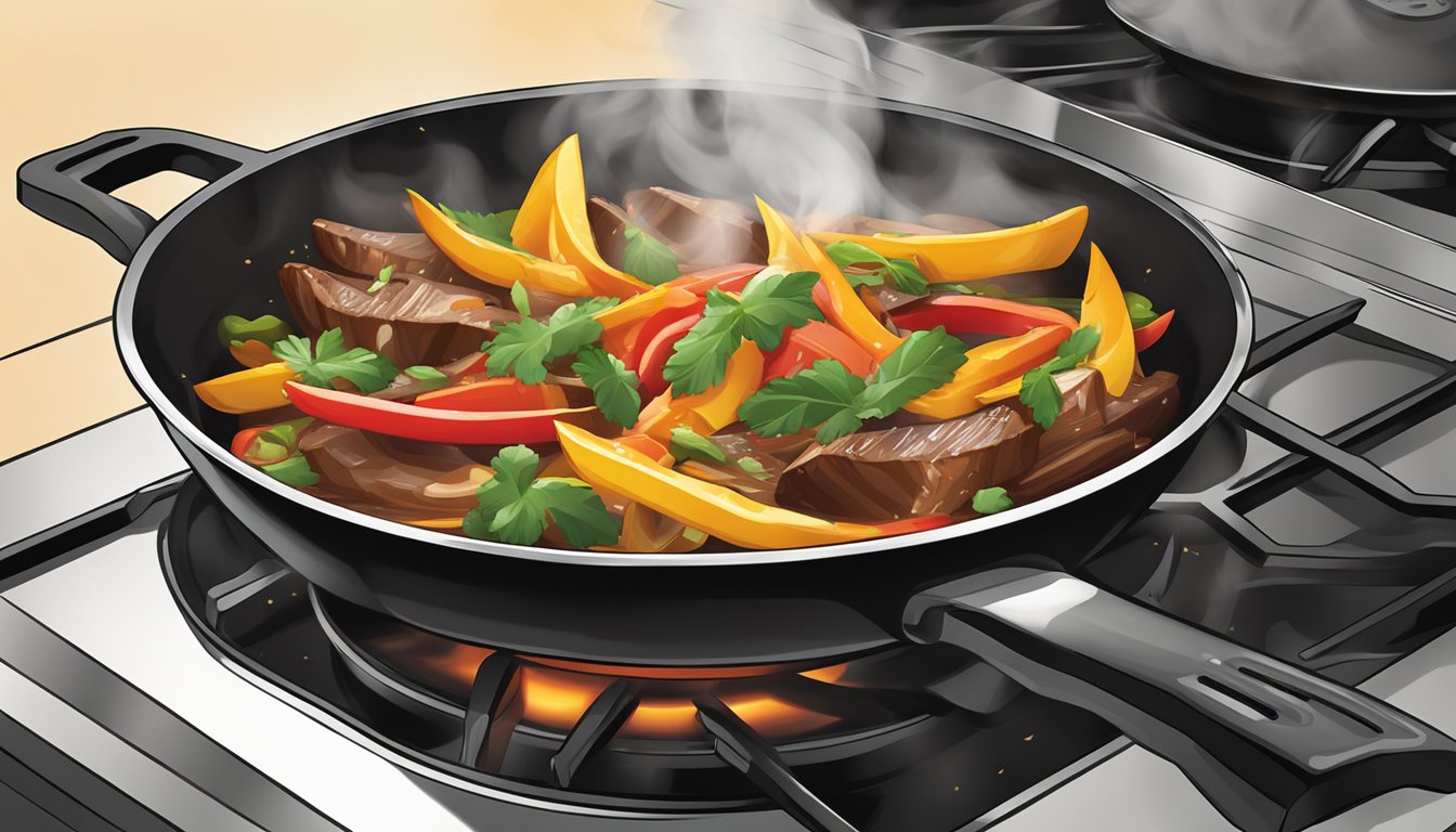 A steaming plate of lomo saltado sizzling in a hot skillet on a stovetop