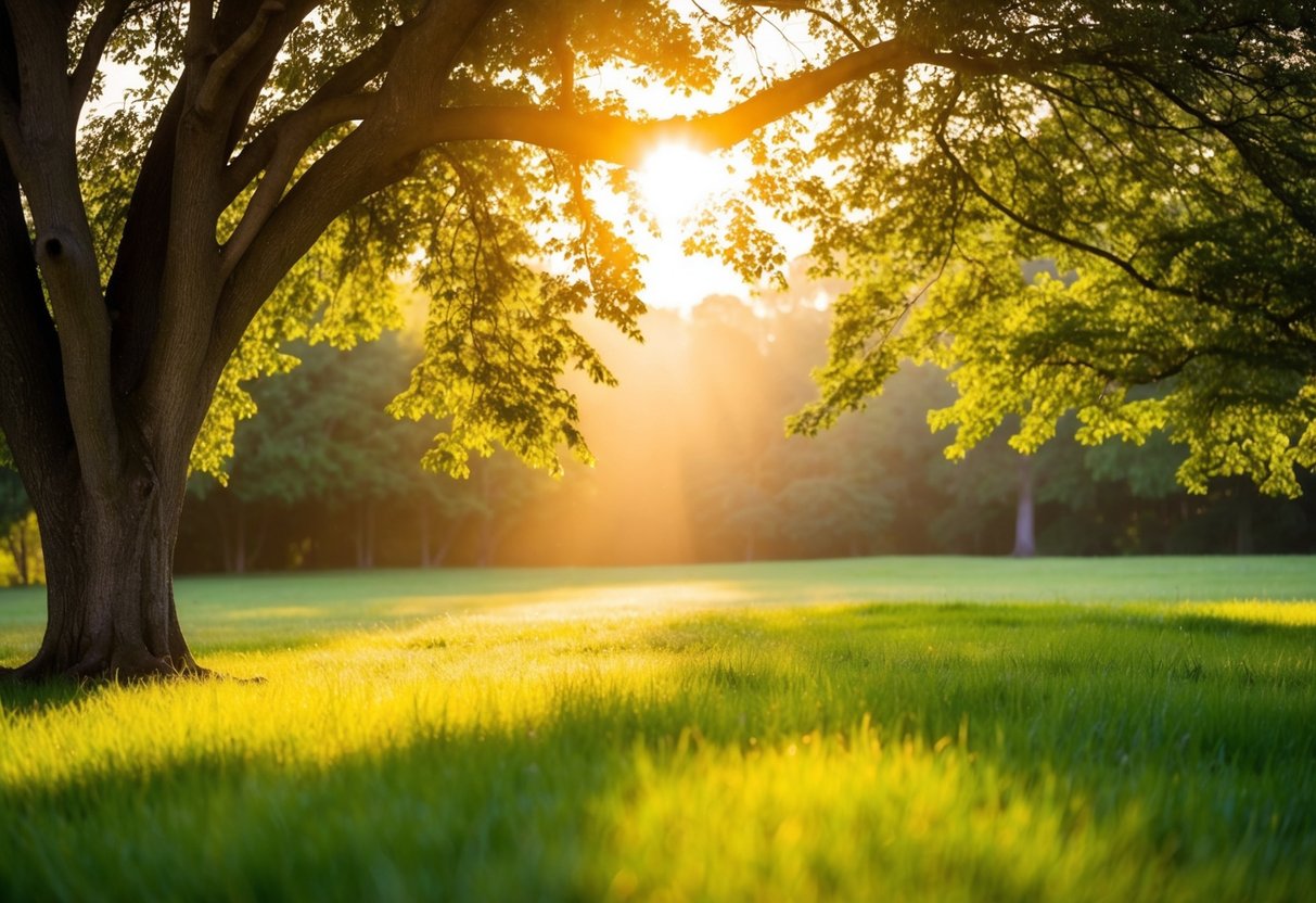 A serene outdoor setting with warm sunlight streaming through the trees, casting a golden glow on a lush green clearing