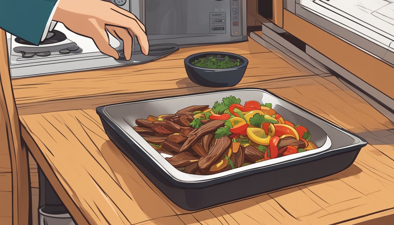 A steaming plate of lomo saltado sits on a wooden table next to a microwave, with a person's hand reaching for the dish