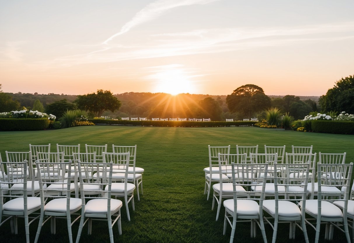 A sun setting over a tranquil outdoor wedding venue, with chairs arranged in neat rows facing a lush garden or picturesque landscape