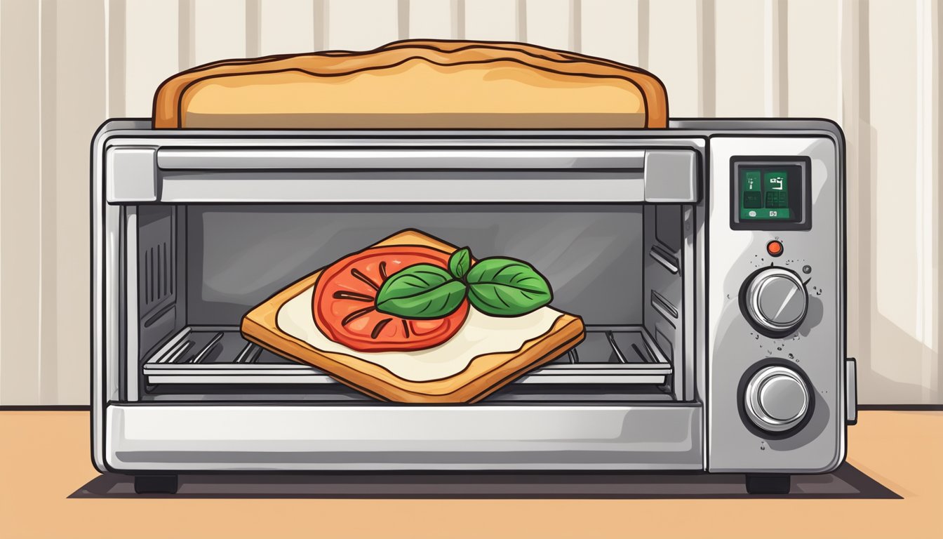 A slice of margherita pizza being reheated in a toaster oven