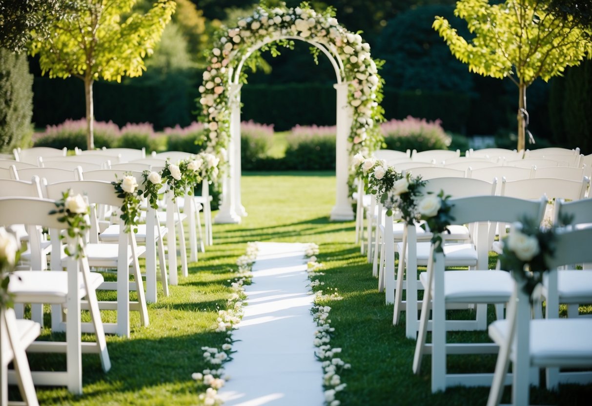 A sunlit garden with rows of white chairs facing an elegant arch adorned with flowers, ready for a wedding ceremony at 4pm