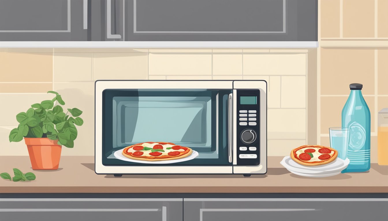 A microwave with a margherita pizza on a plate, a paper towel, and a glass of water on the counter