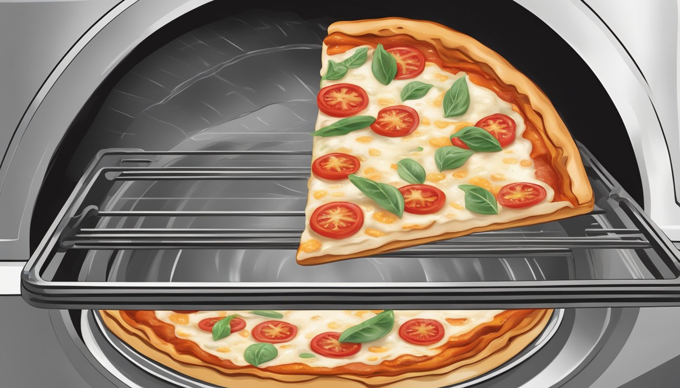 A margherita pizza sits on a baking tray inside a preheated oven, with the cheese bubbling and the crust crisping up