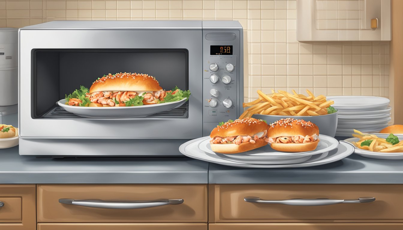 A plate with two lobster rolls sitting on a microwave-safe dish, with the microwave door open and the rolls being heated inside