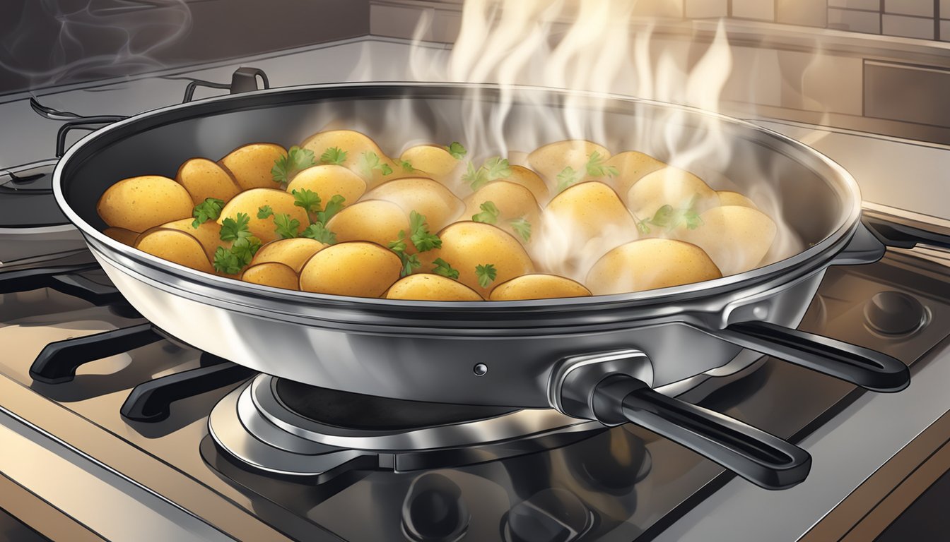 A skillet with reheated lyonnaise potatoes, steam rising