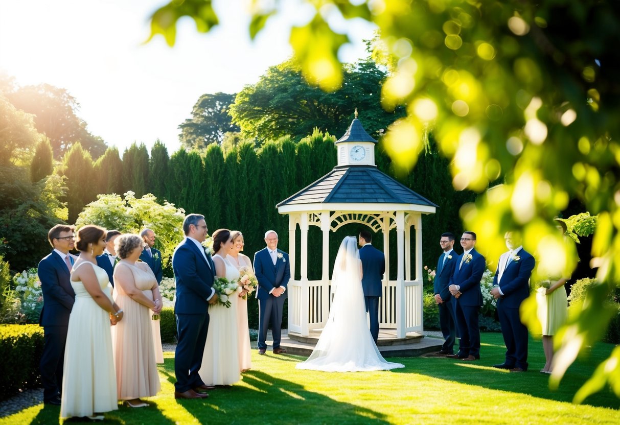 A sunlit garden with guests in formal attire, a bride and groom at a gazebo, and a clock showing 4 o'clock