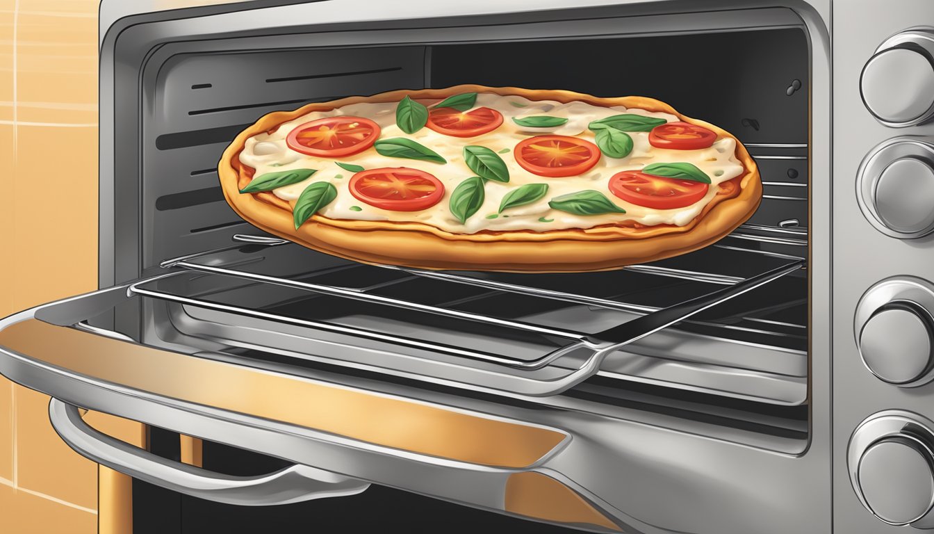 A slice of margherita pizza being reheated in a toaster oven, with melted cheese and sizzling crust