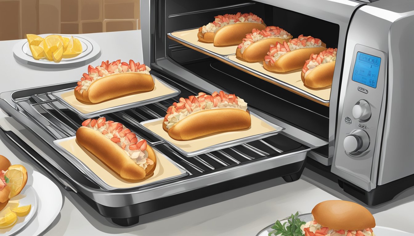 A plate of lobster rolls being gently heated in a toaster oven, with a light golden crust forming on the edges