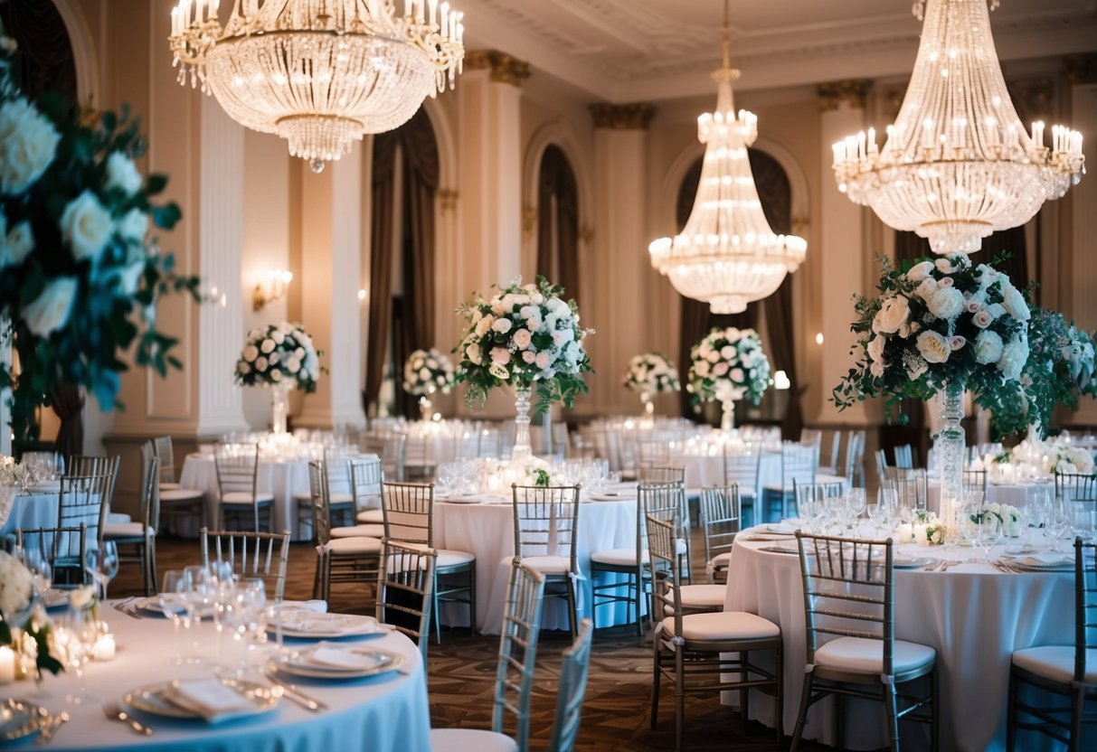 A grand ballroom adorned with elegant chandeliers and ornate floral arrangements, set with pristine white tablecloths and fine china