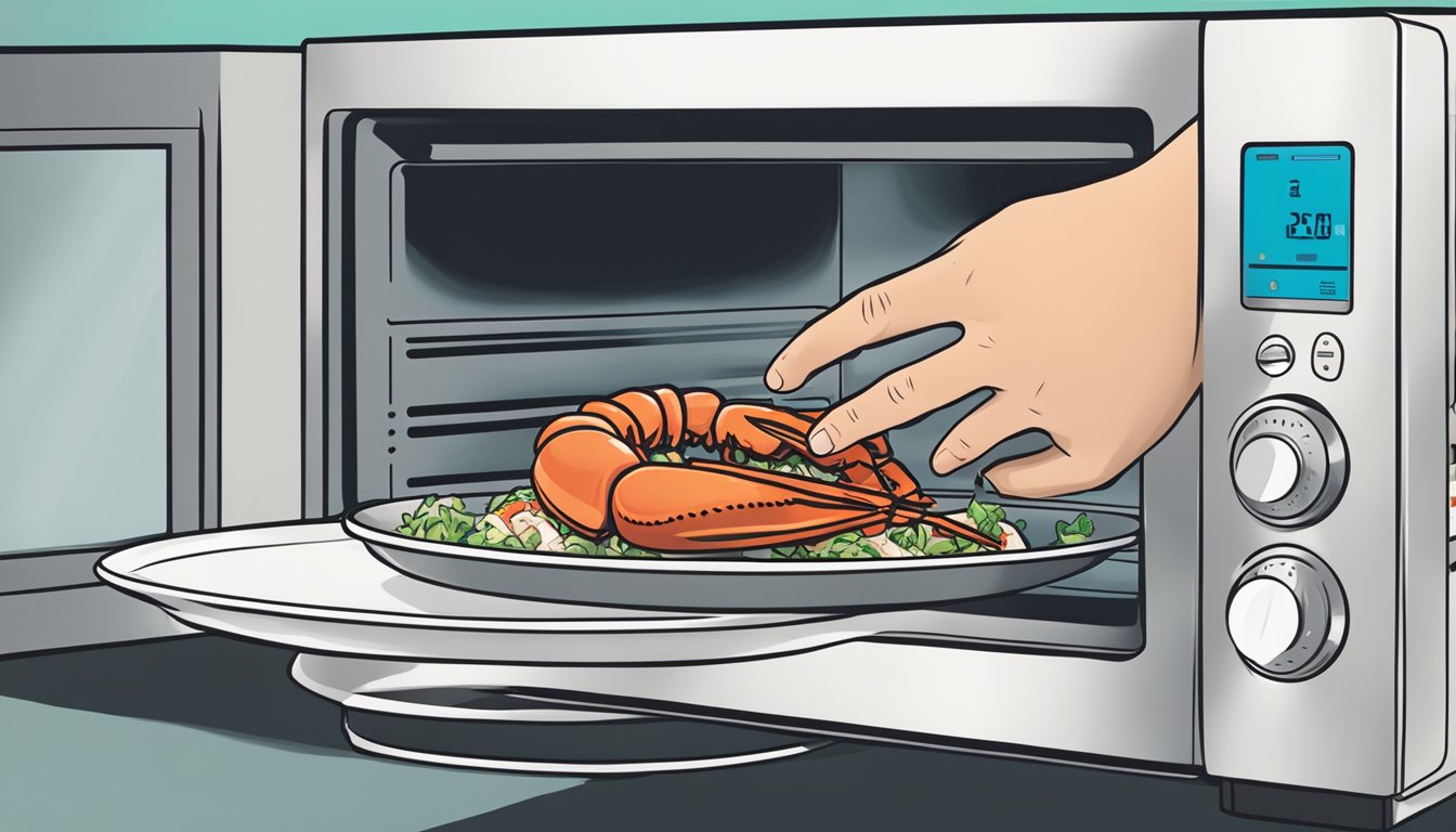 A hand reaching into a microwave to remove a steaming lobster roll from a plate