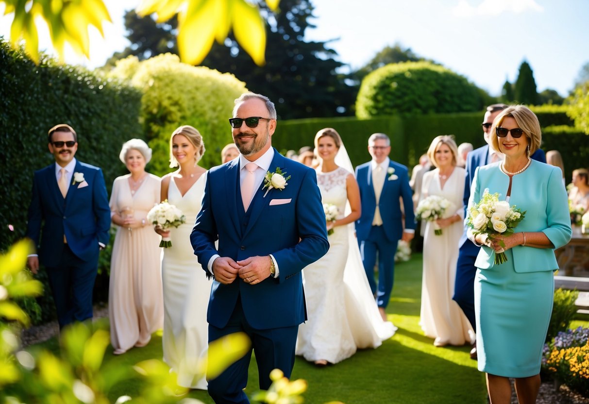 A sunny garden setting with guests dressed in elegant attire for a 4 o'clock wedding