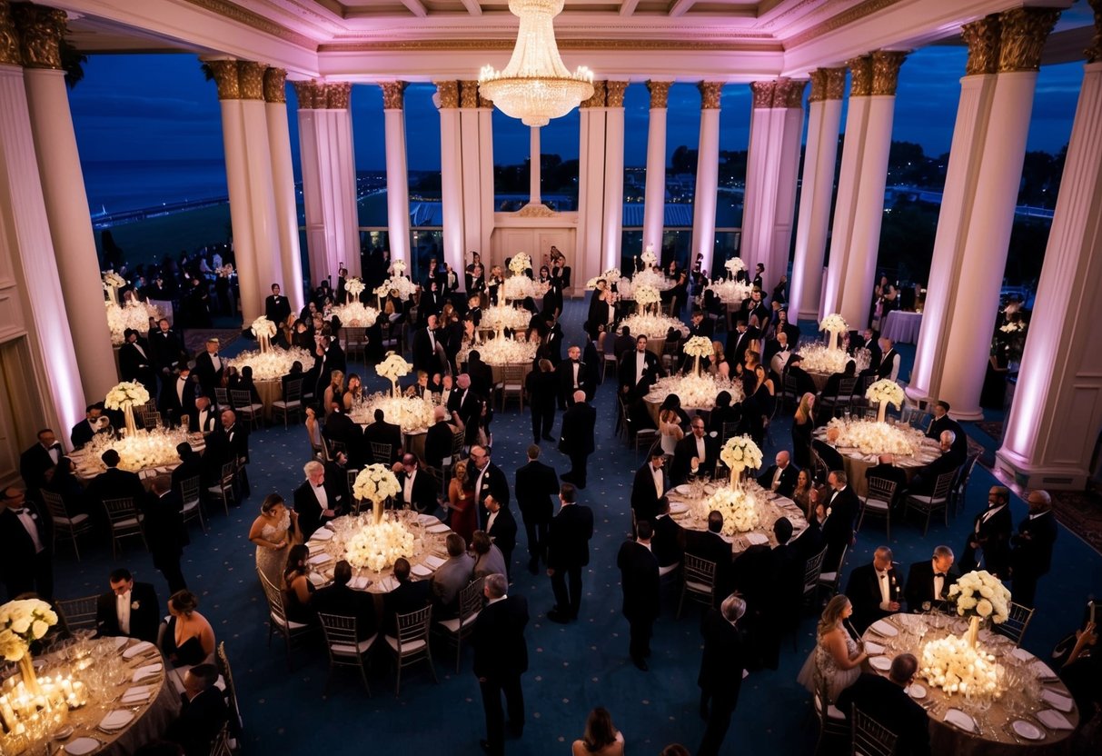 A grand ballroom adorned with elegant decor, filled with guests in formal attire, as the evening sun sets outside