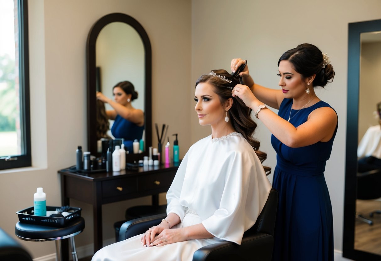 A bride sits in a chair, surrounded by hairstyling tools and products. A hairstylist works on her hair, adding the finishing touches