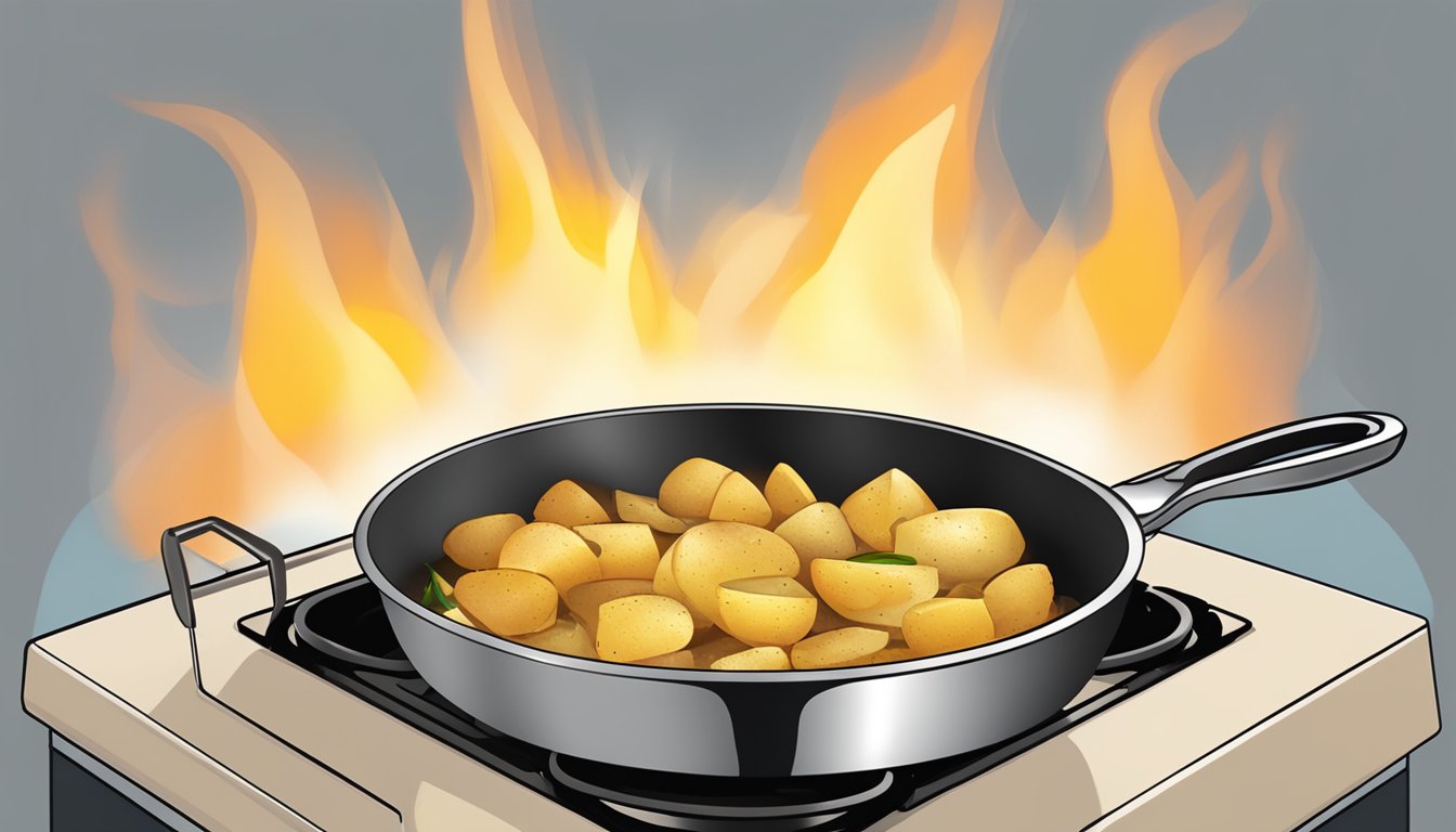 A skillet with sizzling lyonnaise potatoes being reheated on a stovetop