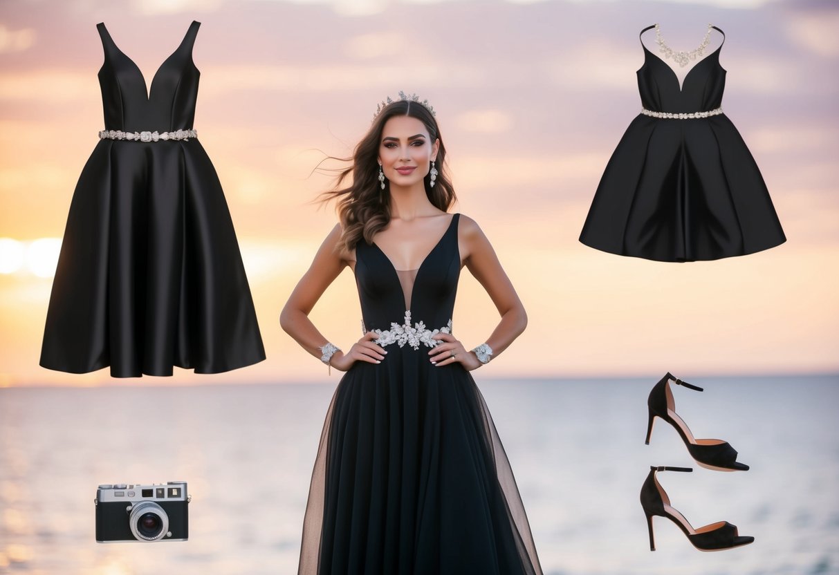A stylish wedding guest ensemble with a black dress and elegant accessories, set against a soft sunset background
