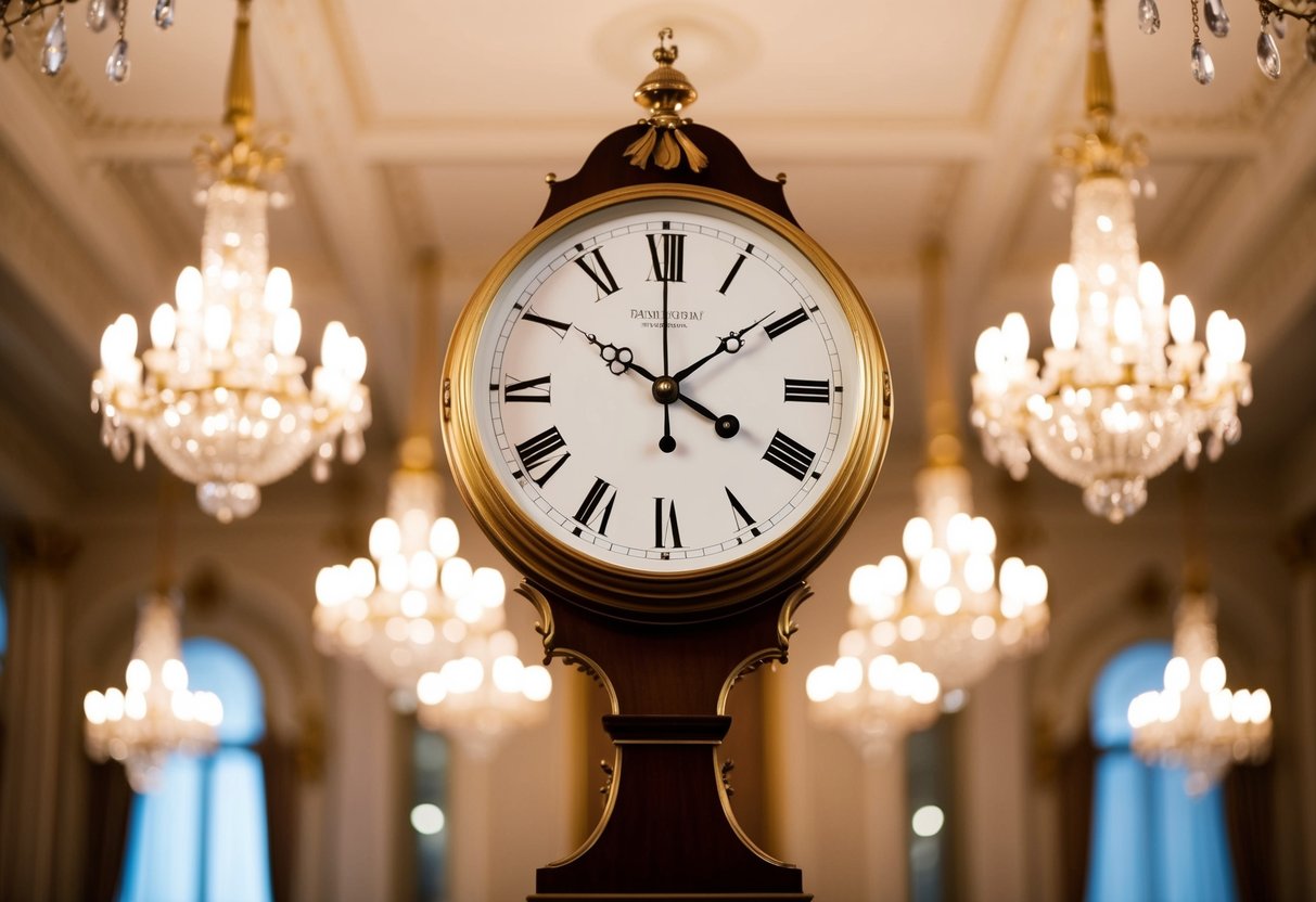 A grand clock striking twelve in an ornate ballroom with elegant decor and chandeliers