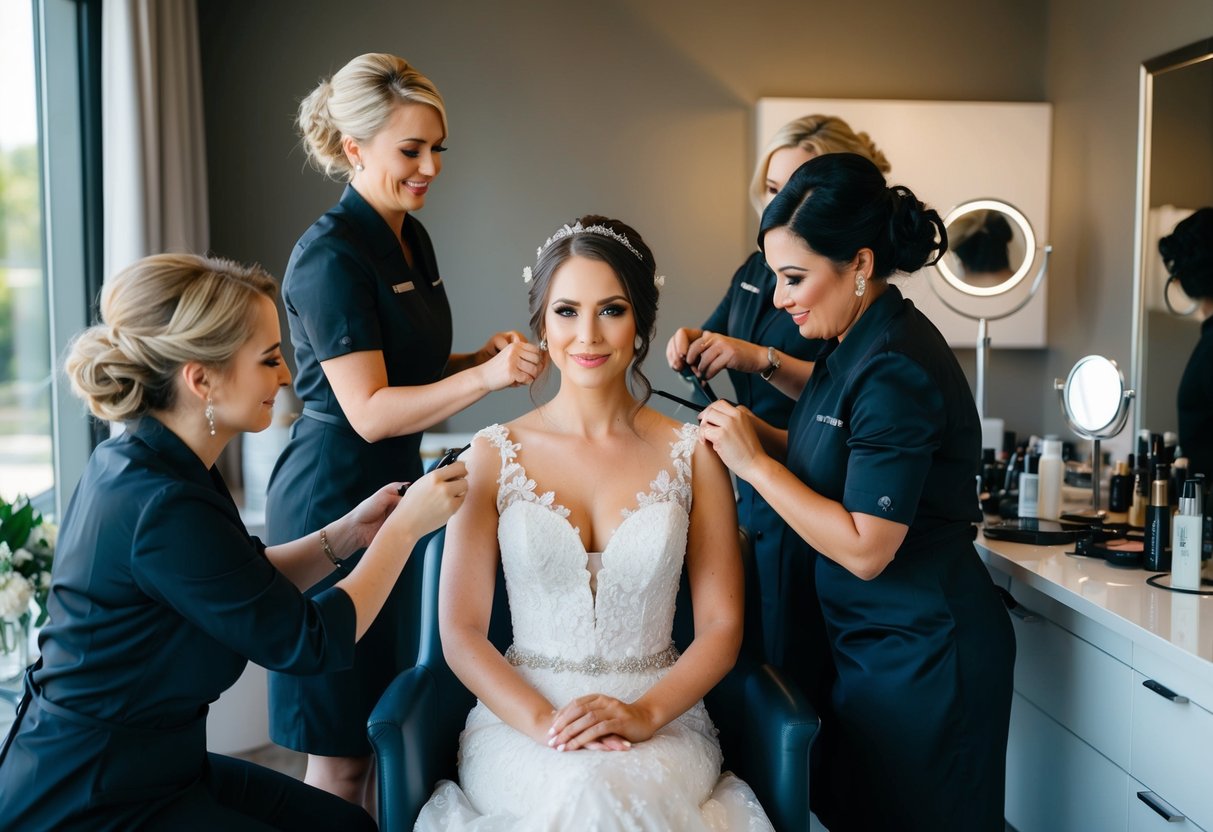 A bride sits in a chair surrounded by hair and makeup artists, putting the finishing touches on her wedding day look