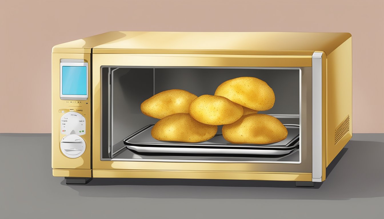 A plate of golden lyonnaise potatoes being reheated in a microwave