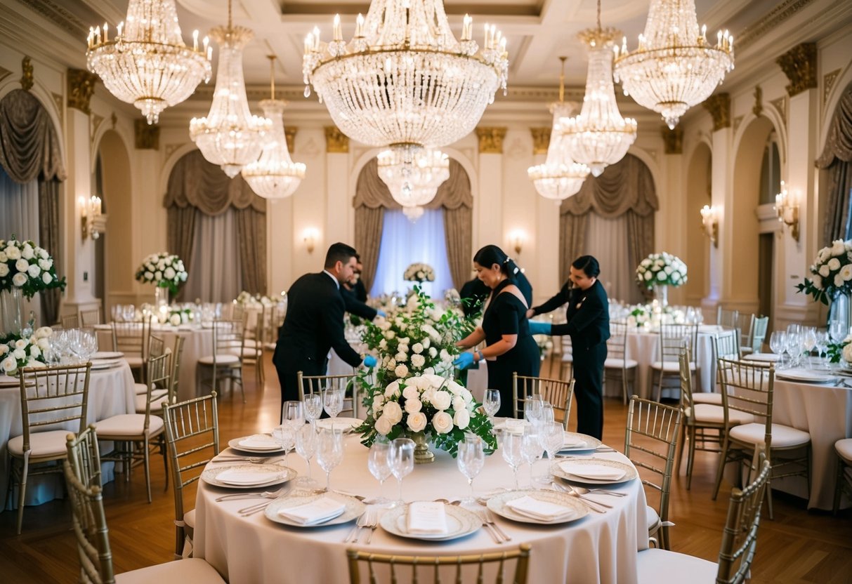 A grand ballroom with elegant chandeliers and ornate decor. Tables set with fine china and crystal glassware. A team of florists adding final touches of white roses and greenery