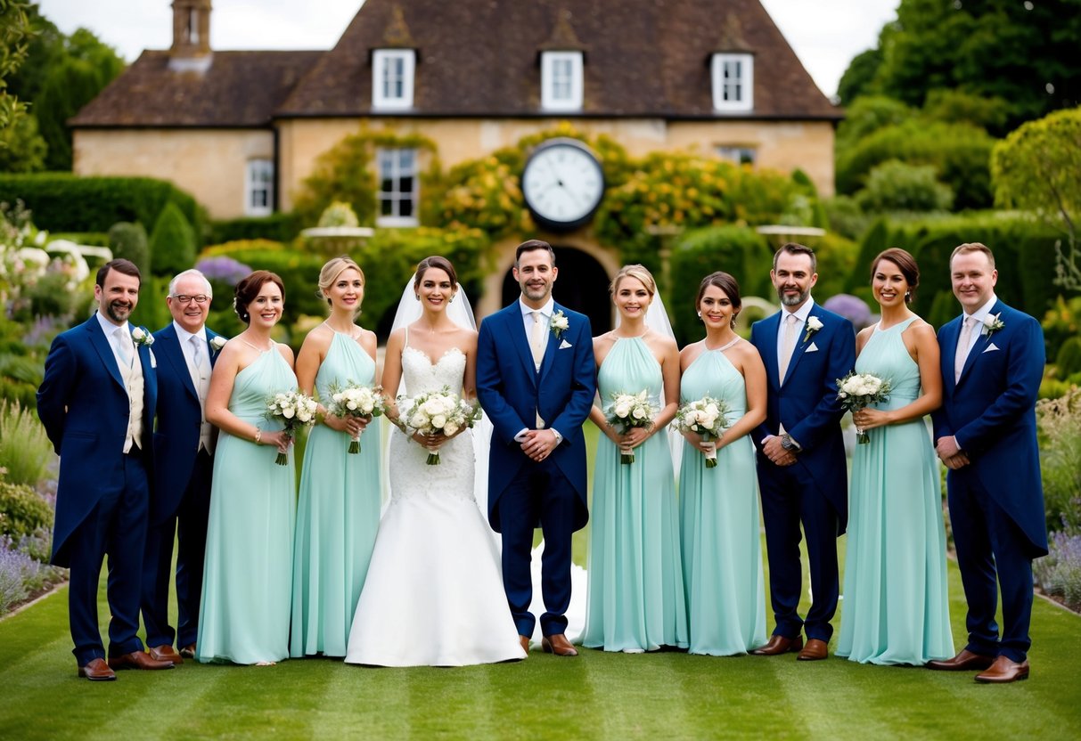 A group of elegantly dressed wedding guests stand in a picturesque garden setting, with a clock showing 4 o'clock in the background