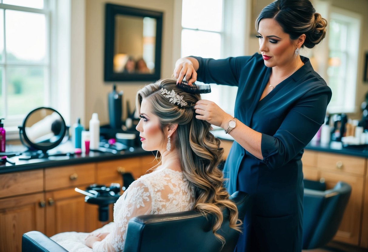 A bride sits in a chair, surrounded by hairstyling tools and products. A hairstylist works on her hair, carefully crafting an elegant bridal hairstyle