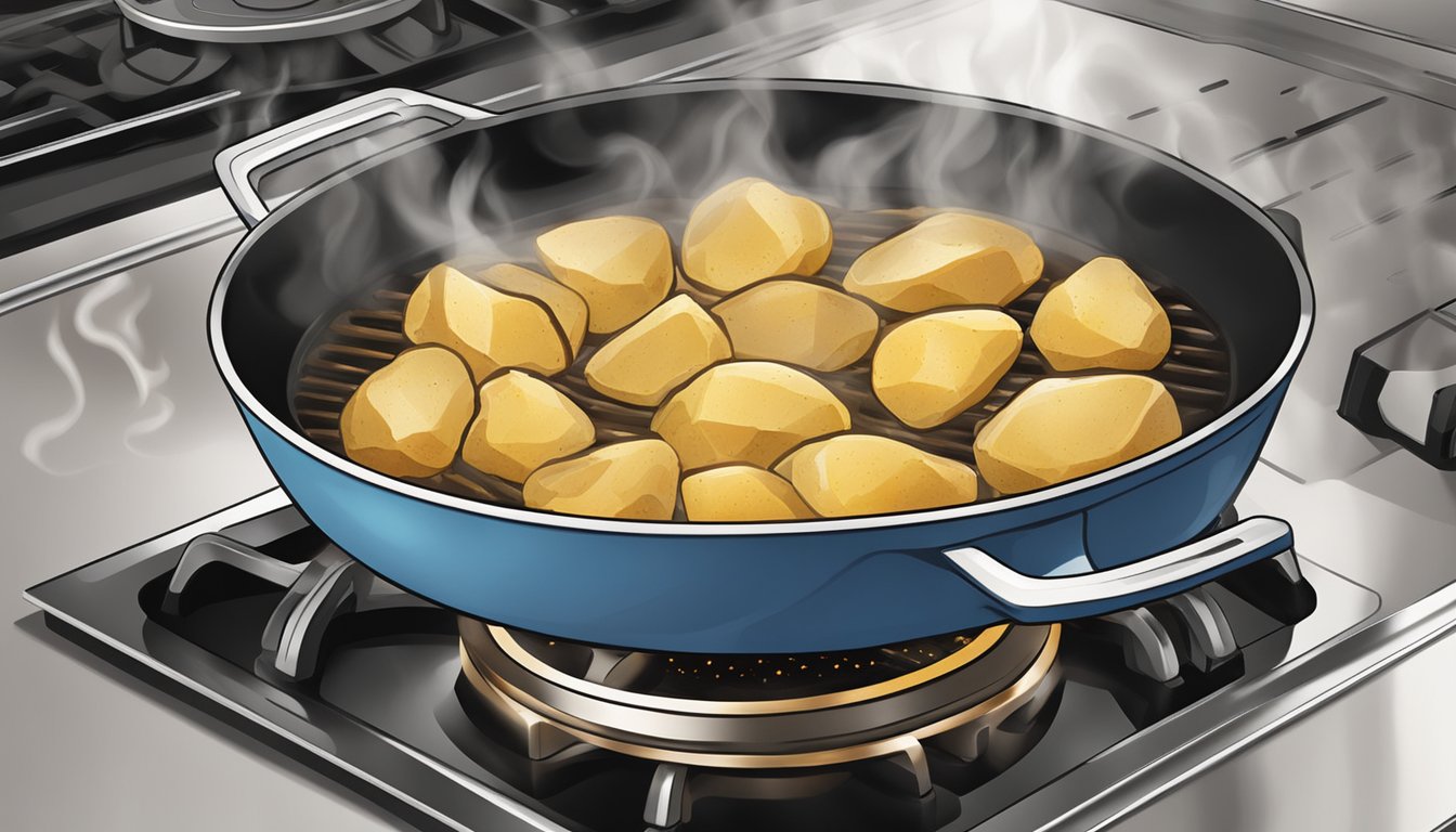 Lyonnaise potatoes sizzling in a skillet on a stovetop, steam rising as they are being reheated