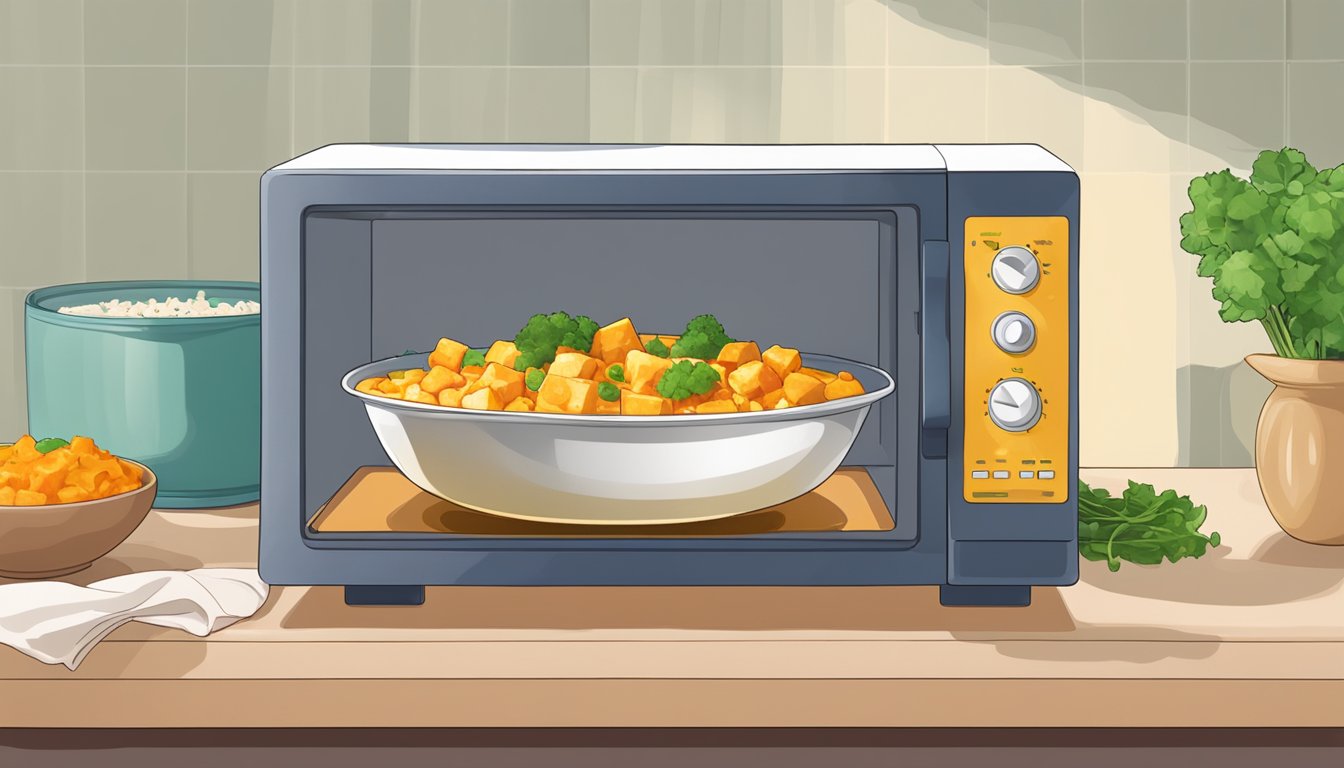 A bowl of matar paneer being reheated in a microwave