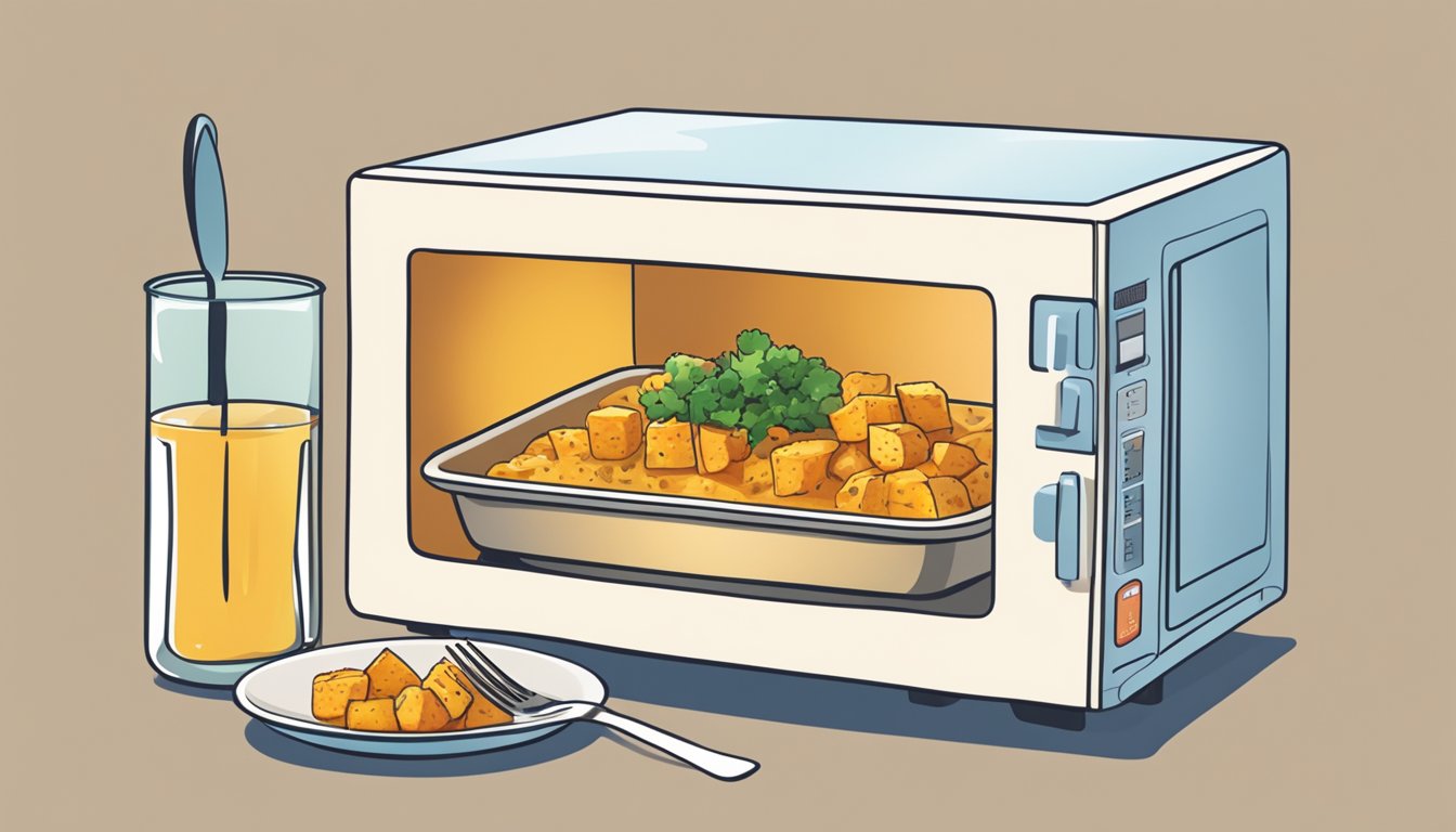 A microwave with a plate of matar paneer inside, a fork beside it, and a timer set for reheating