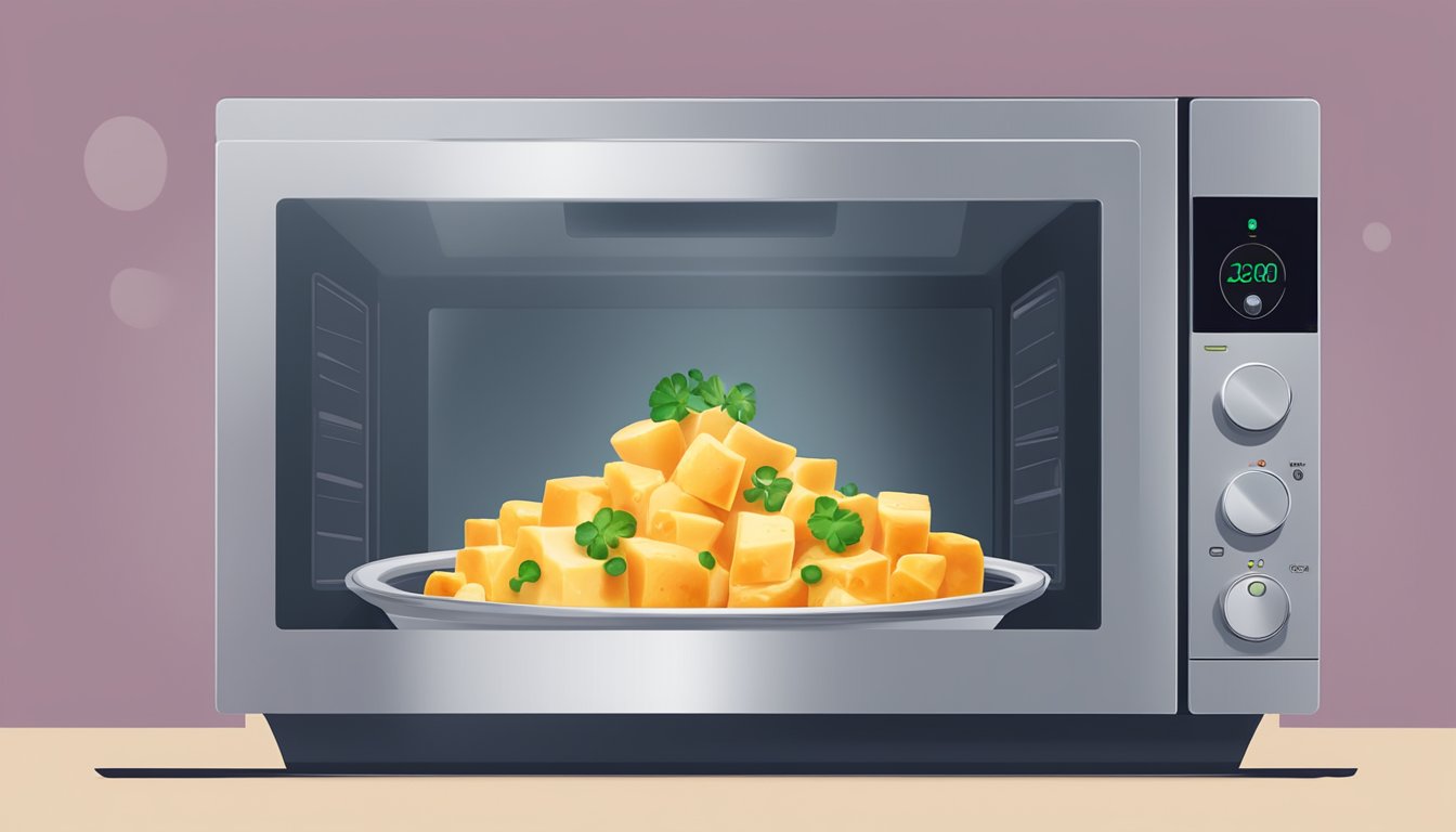 A steaming bowl of matar paneer being heated in a microwave