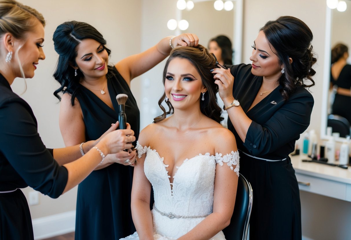 A bride sits in a chair, surrounded by hairstylists and makeup artists. The hairstylist is finishing the bride's hair while the makeup artist applies the final touches