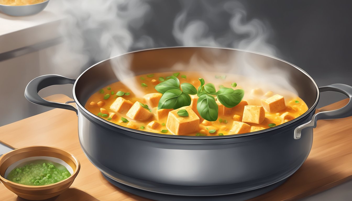 A steaming bowl of matar paneer being gently reheated on a stovetop, with aromatic steam rising and filling the kitchen