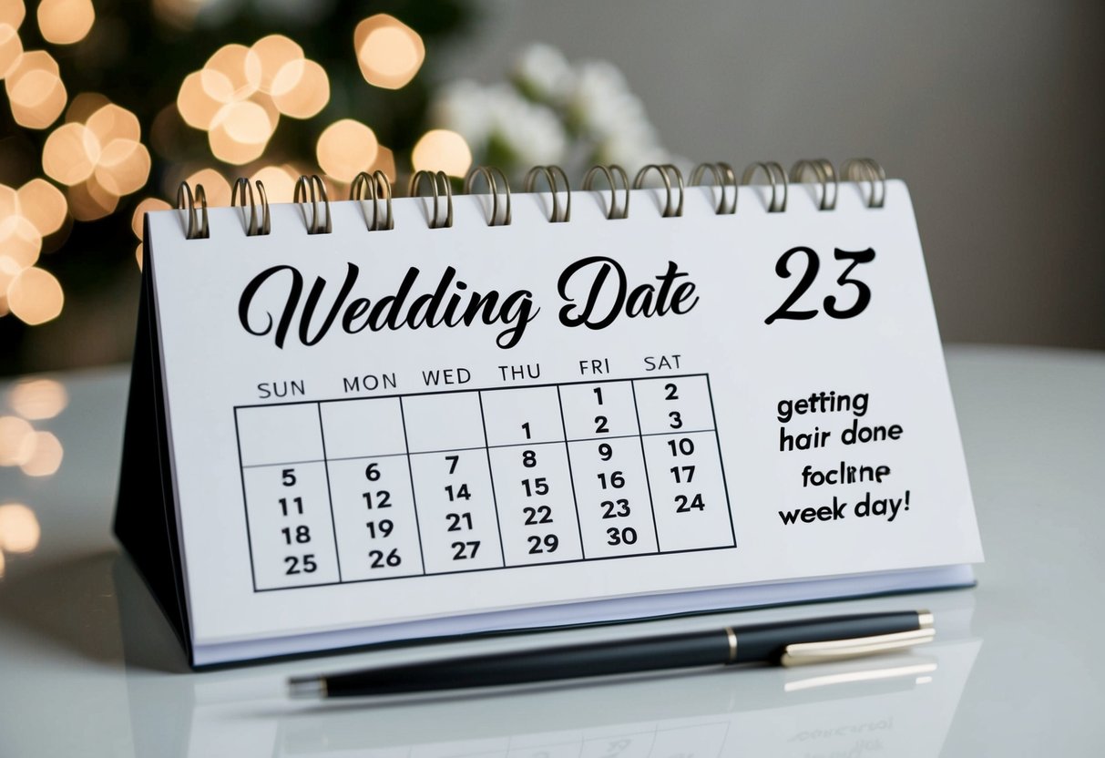 A calendar with the wedding date circled and the previous day marked for getting hair done
