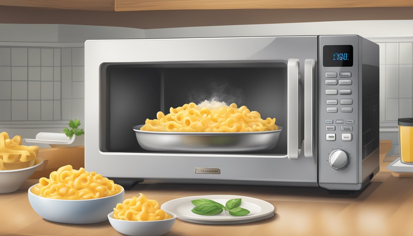 A microwave with a plate of macaroni and cheese inside, the timer set, and steam rising from the dish