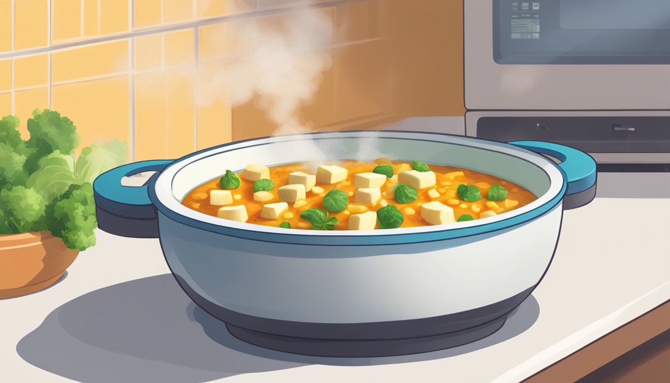 A steaming bowl of matar paneer being reheated in a microwave