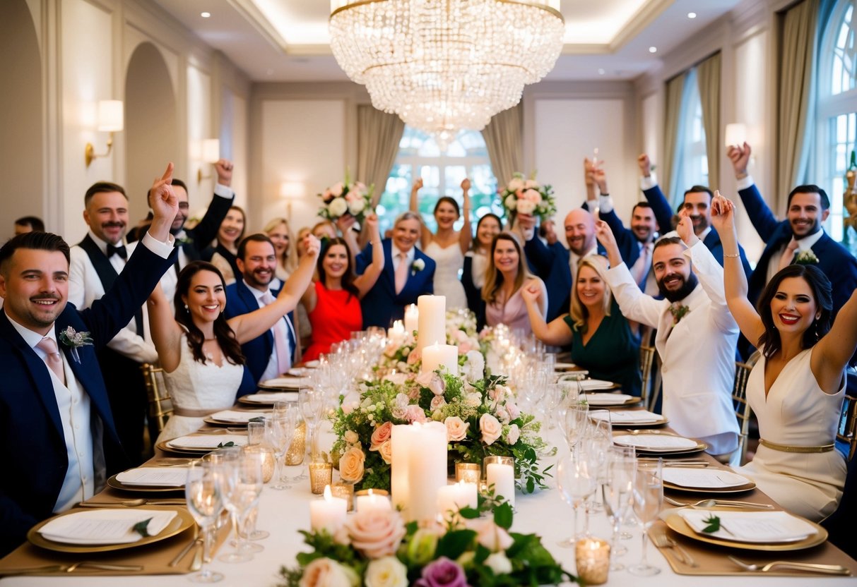 A beautifully decorated wedding venue with flowers, candles, and elegant table settings, surrounded by happy guests celebrating
